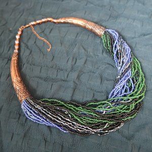 Vintage Multi Strand Seed Bead Metal Glass Necklace Statement Adjustable